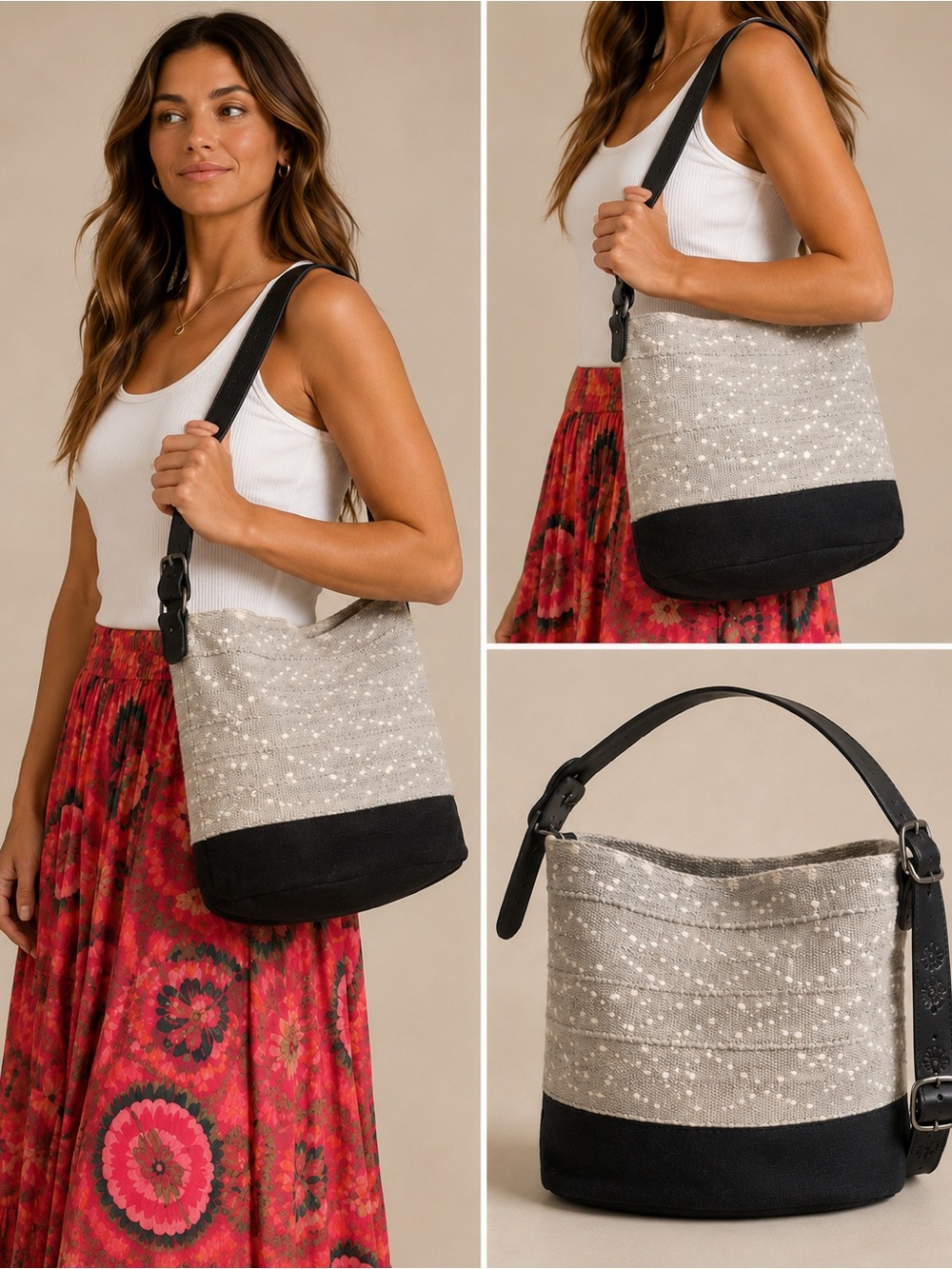Jenna Bee Handcrafted Woven Leather Strap Shoulder Bag Gray Medium Size NWT